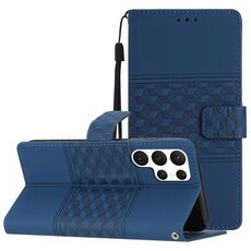 Per Samsung Galaxy S22 Ultra 5G Custodia per telefono in pelle con effetto pelle goffrata a diamante con cordino (blu scuro)