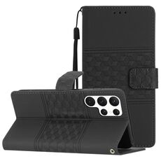 Per Samsung Galaxy S22 Ultra 5G Custodia per telefono in pelle con effetto pelle goffrata a diamante con cordino (nero)