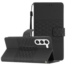 Per Samsung Galaxy S23 5G Custodia per telefono in pelle con effetto pelle goffrata a diamante con cordino (nero)