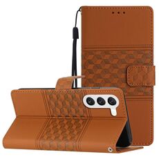 Per Samsung Galaxy S23+ 5G Custodia per telefono in pelle con effetto pelle goffrata a diamante con cordino (marrone)