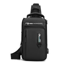 HAOSHUAI 1100-17 Borsa da petto da uomo Borsa da spalla per messenger casual Borsa da petto con ricarica USB (nera)