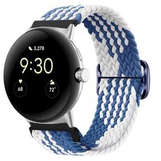 Per cinturino per orologio intrecciato in nylon con fibbia per orologio Google Pixel (bianco blu)