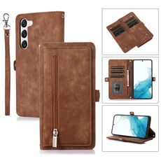 Per Samsung Galaxy S23+ 5G Custodia per cellulare in pelle con cerniera per slot per carte di credito (marrone)