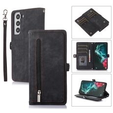 Per Samsung Galaxy S22 5G Custodia per telefono in pelle con cerniera per slot per schede con cerniera (nero)