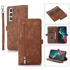 Per Samsung Galaxy S22 5G Zipper Card Slot Buckle Wallet Custodia in pelle per telefono (marrone)