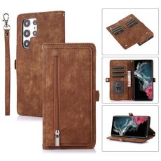 Per Samsung Galaxy S22 Ultra 5G Zipper Card Slot Buckle Wallet Custodia in pelle per telefono (marrone)
