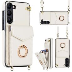 Per Samsung Galaxy S22+ 5G Custodia per cellulare con slot per schede RFID con cordino lungo (beige)