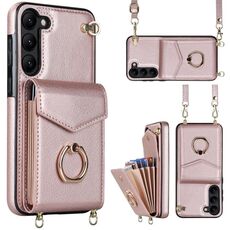 Per Samsung Galaxy S22 + 5G Custodia per telefono con slot per schede RFID con cordino lungo (oro rosa)