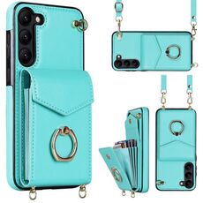 Per Samsung Galaxy S22 + 5G Custodia per telefono con slot per schede RFID con cordino lungo (verde menta)