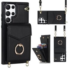 Per Samsung Galaxy S22 Ultra 5G Ring Holder Custodia per telefono con slot per schede RFID con cordino lungo (nero)
