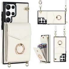 Per Samsung Galaxy S22 Ultra 5G Ring Holder Custodia per telefono con slot per schede RFID con cordino lungo (beige)