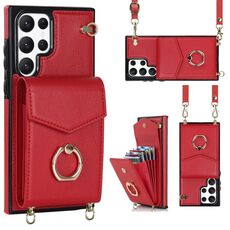 Per Samsung Galaxy S22 Ultra 5G Ring Holder Custodia per telefono con slot per schede RFID con cordino lungo (rosso)