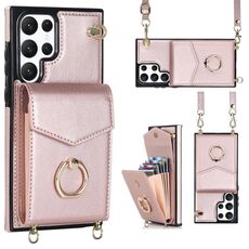 Per Samsung Galaxy S22 Ultra 5G Custodia per telefono con slot per schede RFID con cordino lungo (oro rosa)
