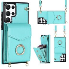 Per Samsung Galaxy S22 Ultra 5G Ring Holder RFID Card Slot Custodia per telefono con cordino lungo (verde menta)