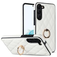 Per Samsung Galaxy S23 5G custodia in pelle PU rombica con supporto ad anello (bianco)
