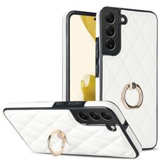 Per Samsung Galaxy S22+ 5G Custodia in pelle PU rombica con supporto ad anello (bianco)