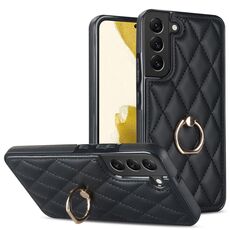 Per Samsung Galaxy S22+ 5G Custodia in pelle PU rombica con supporto ad anello (nero)