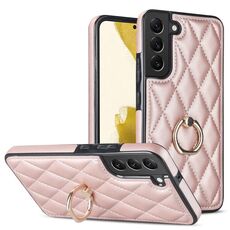 Per Samsung Galaxy S22+ 5G Custodia in pelle PU romboidale con supporto ad anello (oro rosa)