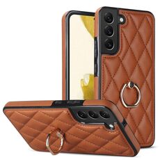 Per Samsung Galaxy S22+ 5G Custodia in pelle PU rombica con supporto ad anello (marrone)