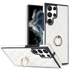 Per Samsung Galaxy S22 Ultra 5G custodia in pelle PU romboidale con supporto ad anello (bianco)