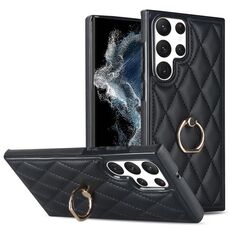 Per Samsung Galaxy S22 Ultra 5G custodia in pelle PU romboidale con supporto ad anello (nero)