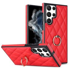Per Samsung Galaxy S22 Ultra 5G Custodia in pelle PU rombica con supporto ad anello (rosso)