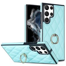 Per Samsung Galaxy S22 Ultra 5G custodia in pelle PU rombica con supporto ad anello (blu)