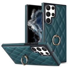 Per Samsung Galaxy S22 Ultra 5G Custodia in pelle PU romboidale con supporto ad anello (verde)