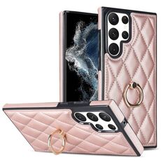 Per Samsung Galaxy S22 Ultra 5G custodia in pelle PU rombica con supporto ad anello (oro rosa)