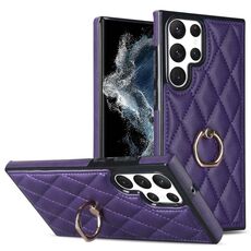 Per Samsung Galaxy S22 Ultra 5G custodia in pelle PU rombica con supporto ad anello (viola)