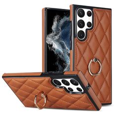 Per Samsung Galaxy S22 Ultra 5G custodia in pelle PU romboidale con supporto ad anello (marrone)