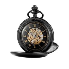 pm240 Orologio da taschino meccanico manuale vintage doppio doppio aperto classico con lettere romane (movimento in oro nero con quadrante nero)