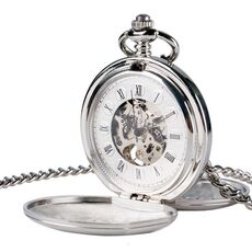 pm240 Orologio da taschino meccanico manuale vintage doppio doppio aperto classico con lettere romane (movimento argento quadrante argento conchiglia argento)