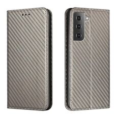 Per Samsung Galaxy S23 5G Custodia in pelle magnetica con struttura in fibra di carbonio (grigio)