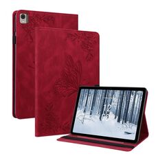 Custodia per tablet in pelle goffrata fiore farfalla per Nokia T21 (rosso)