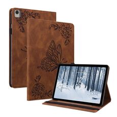 Custodia per tablet in pelle goffrata fiore farfalla per Nokia T21 (marrone)