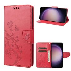 Per Samsung Galaxy S23 5G Custodia per cellulare in pelle con motivo floreale a farfalla (rosso)