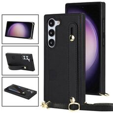 Per Samsung Galaxy S23 5G Custodia per telefono quadrata con supporto per cinturino a tracolla (nero)
