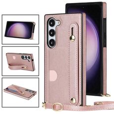 Per Samsung Galaxy S23 5G Custodia per telefono quadrata con supporto per cinturino a tracolla (oro rosa)