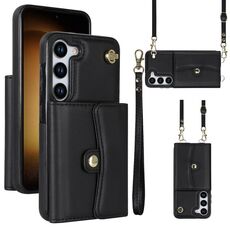 Per Samsung Galaxy S23+ 5G Custodia per telefono in pelle con slot per schede RFID con cordino lungo (nero)