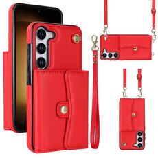 Per Samsung Galaxy S23+ 5G Custodia per telefono in pelle con slot per schede RFID con cordino lungo (rosso)