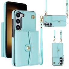 Custodia in pelle per Samsung Galaxy S23+ 5G RFID con slot per schede RFID con cordino lungo (verde menta)
