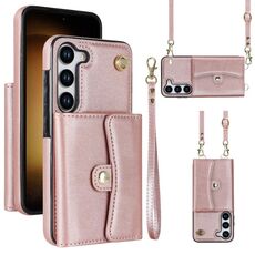 Custodia in pelle per Samsung Galaxy S23+ 5G RFID con slot per schede RFID con cordino lungo (oro rosa)
