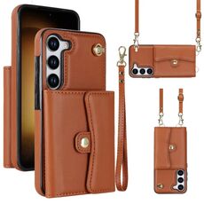 Custodia in pelle per Samsung Galaxy S23+ 5G RFID con slot per schede RFID con cordino lungo (marrone)