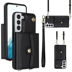 Per Samsung Galaxy S22 5G Custodia per telefono in pelle con slot per schede RFID con cordino lungo (nero)