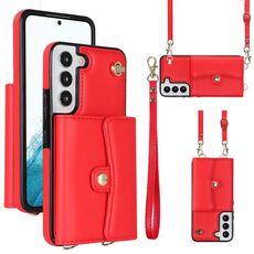 Per Samsung Galaxy S22 5G Custodia per telefono in pelle con slot per schede RFID con cordino lungo (rosso)