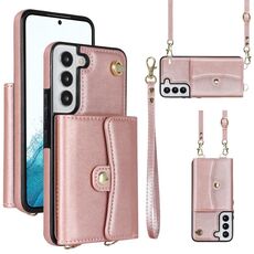Per Samsung Galaxy S22 5G Custodia per telefono in pelle con slot per schede RFID con cordino lungo (oro rosa)