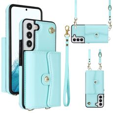 Per Samsung Galaxy S22 + 5G Custodia per telefono in pelle con slot per schede RFID con cordino lungo (verde menta)