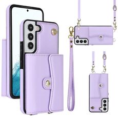 Per Samsung Galaxy S22+ 5G Custodia per telefono in pelle con slot per schede RFID con cordino lungo (viola)