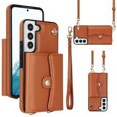 Per Samsung Galaxy S22+ 5G Custodia per telefono in pelle con slot per schede RFID con cordino lungo (marrone)